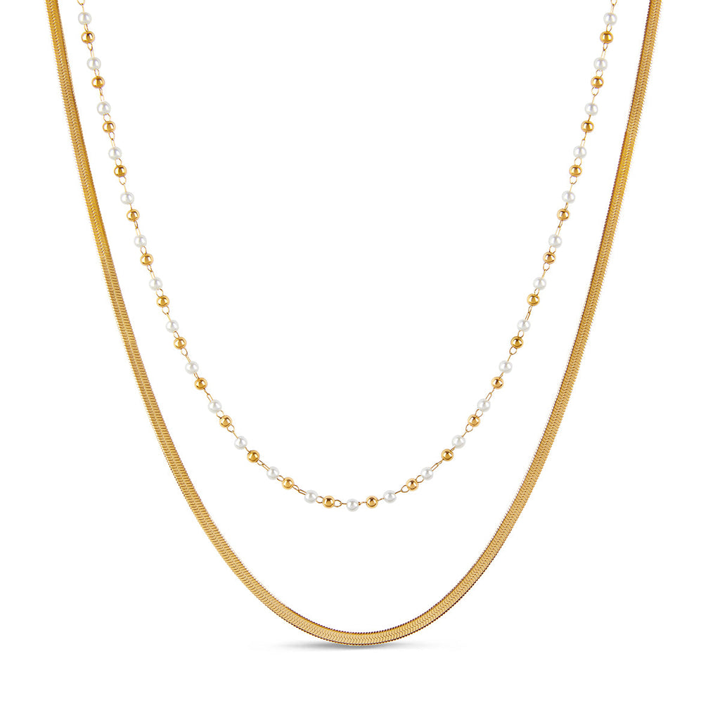 Contrast Pearl Layered Snake Chain Necklace - Gold