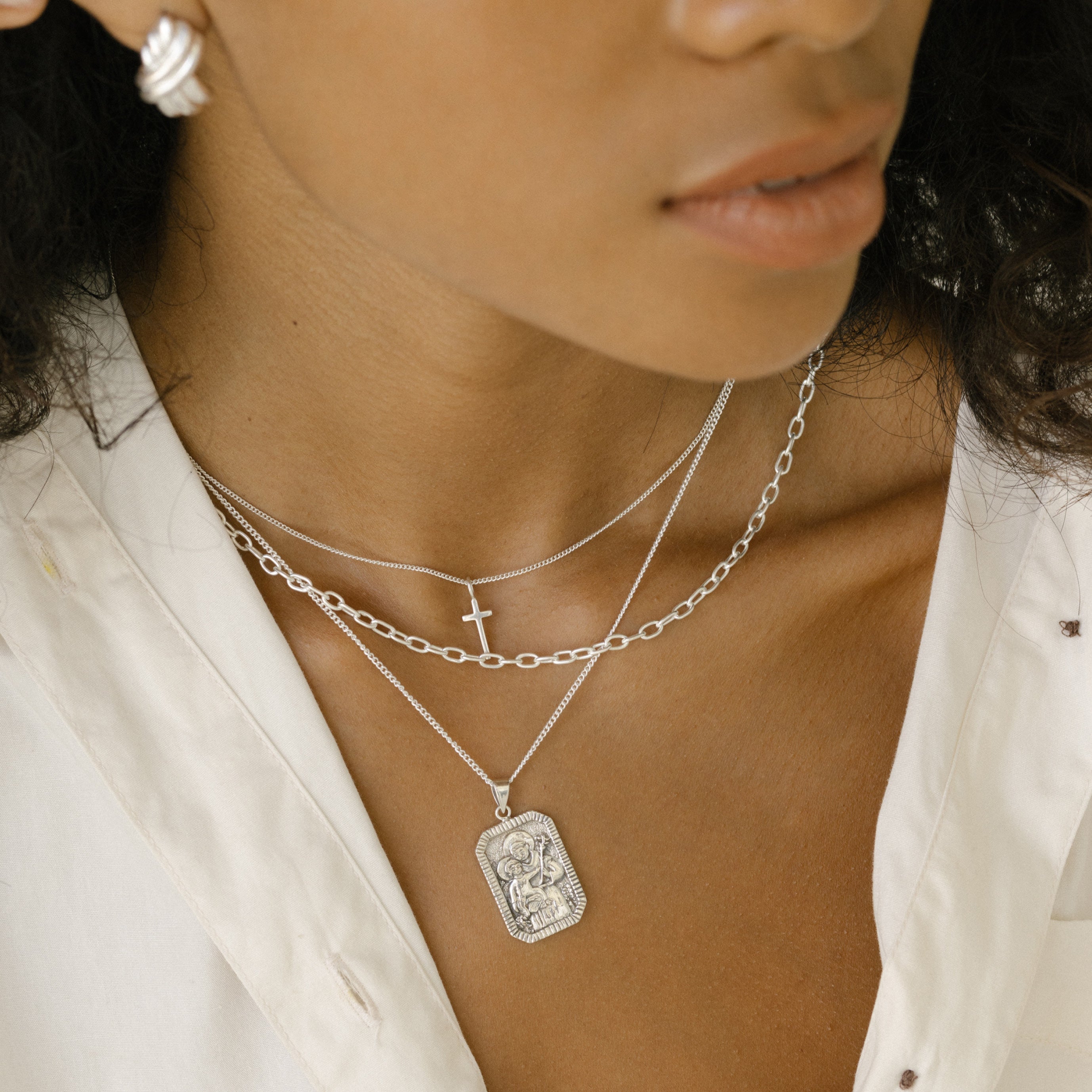 Mini Madonna Cross Charm Necklace - Silver