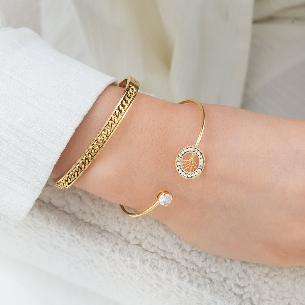 Tree Of Life Stone Bangle Bracelet - Gold