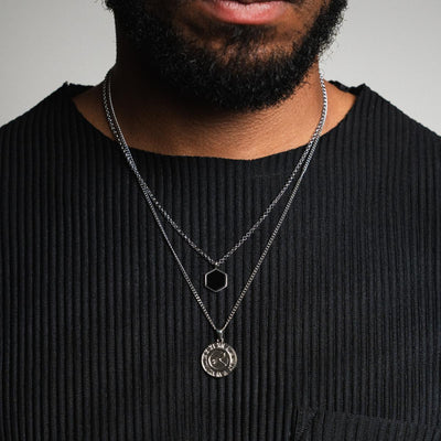 Hex Onyx Pendant Necklace - Silver