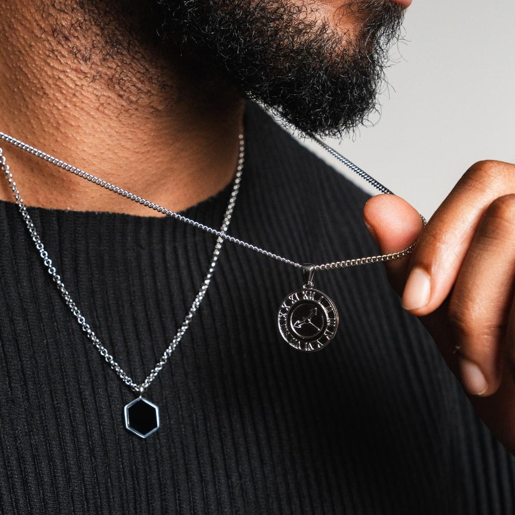 Hex Onyx Pendant Necklace - Silver