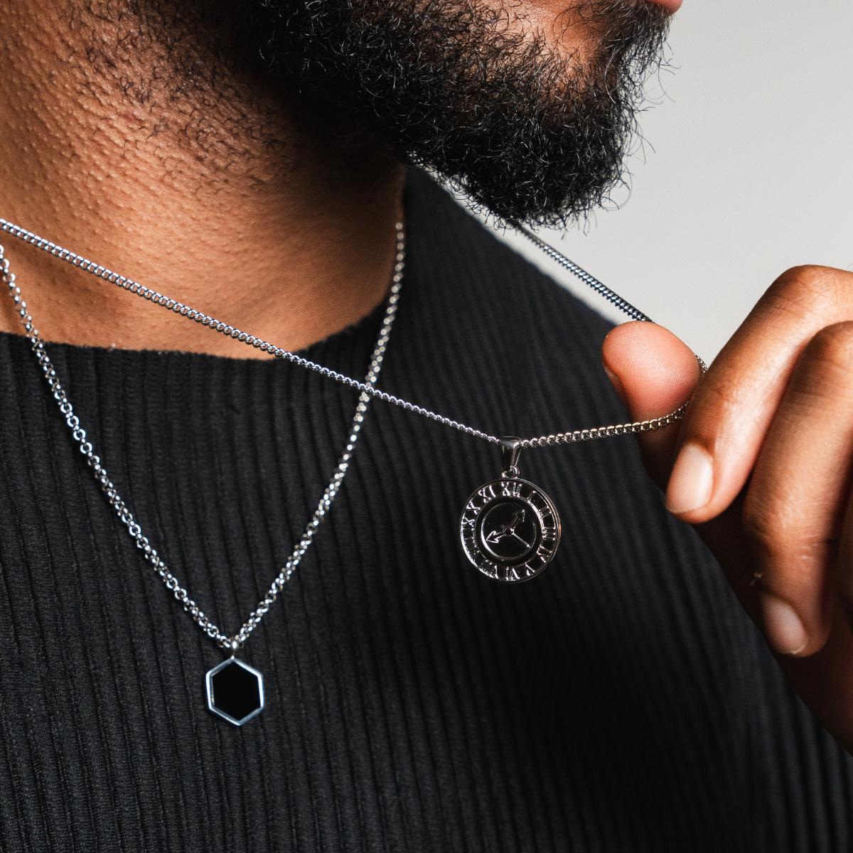 Hex Onyx Pendant Necklace - Silver