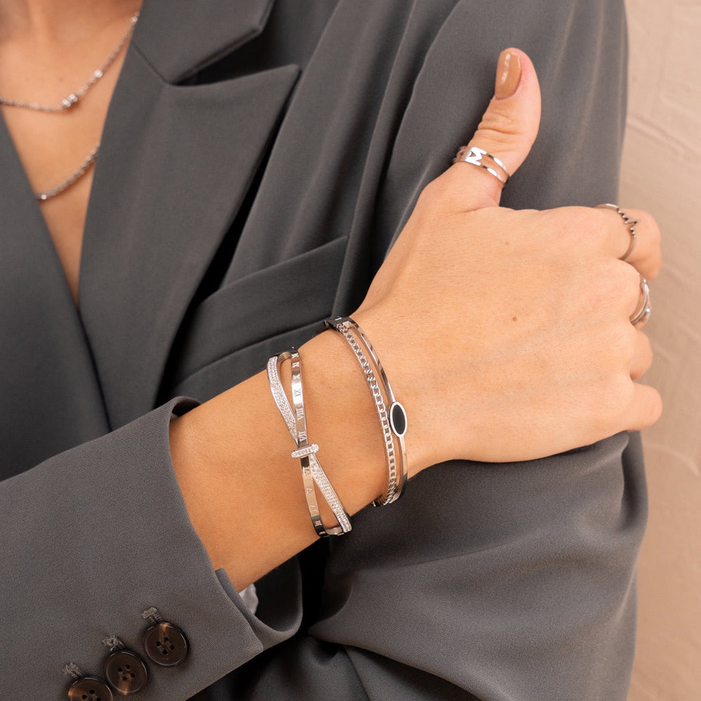 Oval Onyx Layered Bangle - Silver