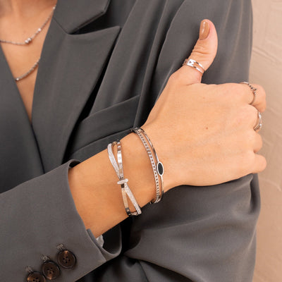 Oval Onyx Layered Bangle - Silver