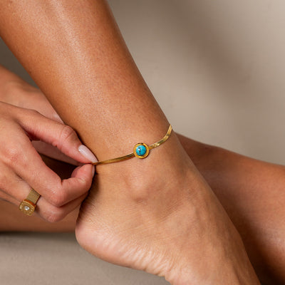 Aqua Stone Snake Chain Anklet - Gold