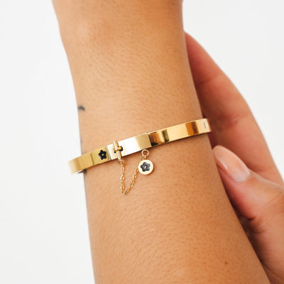 Flower Lock Charm Pendant Bangle Bracelet - Gold