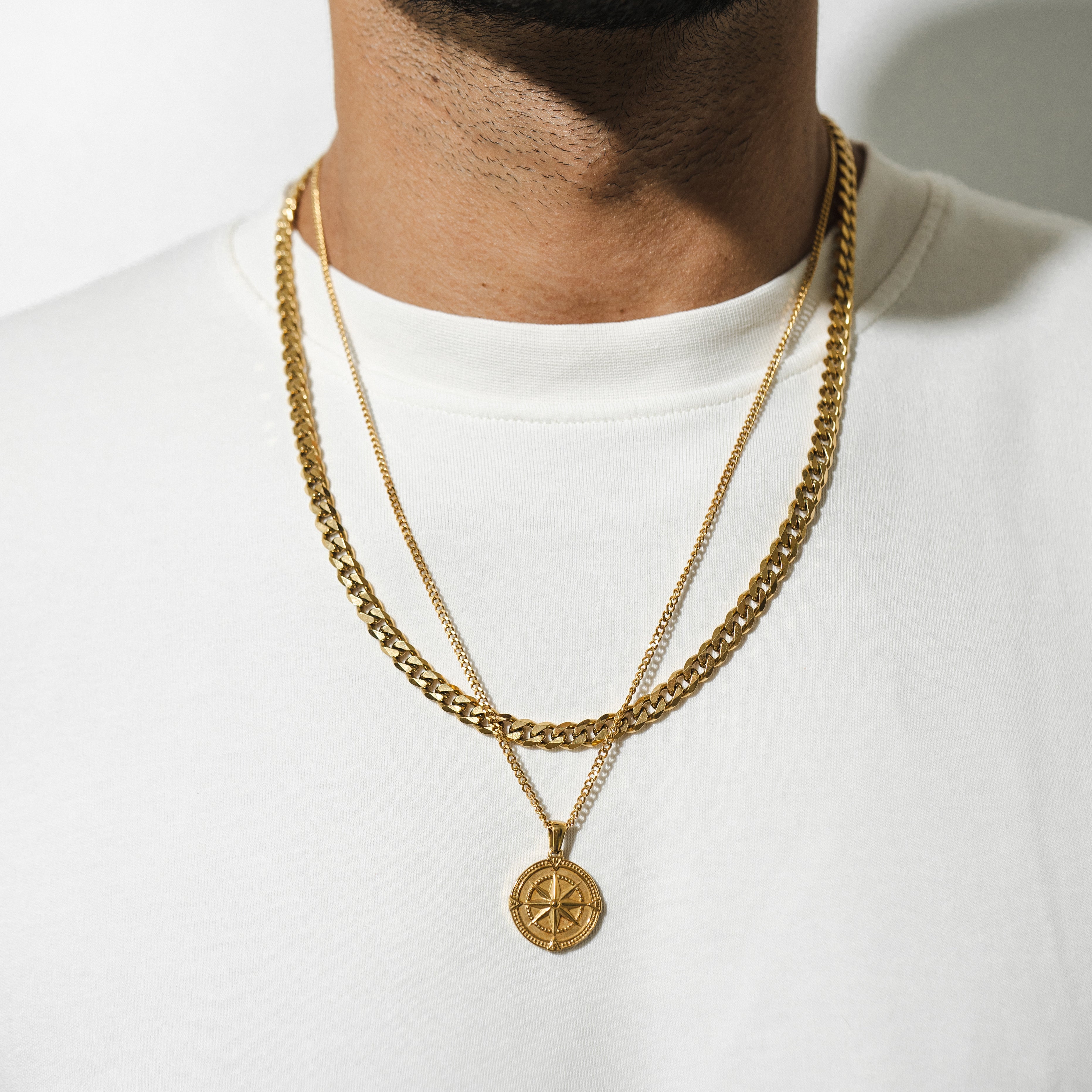 Compass Pendant Necklace X Curb Chain - Gold