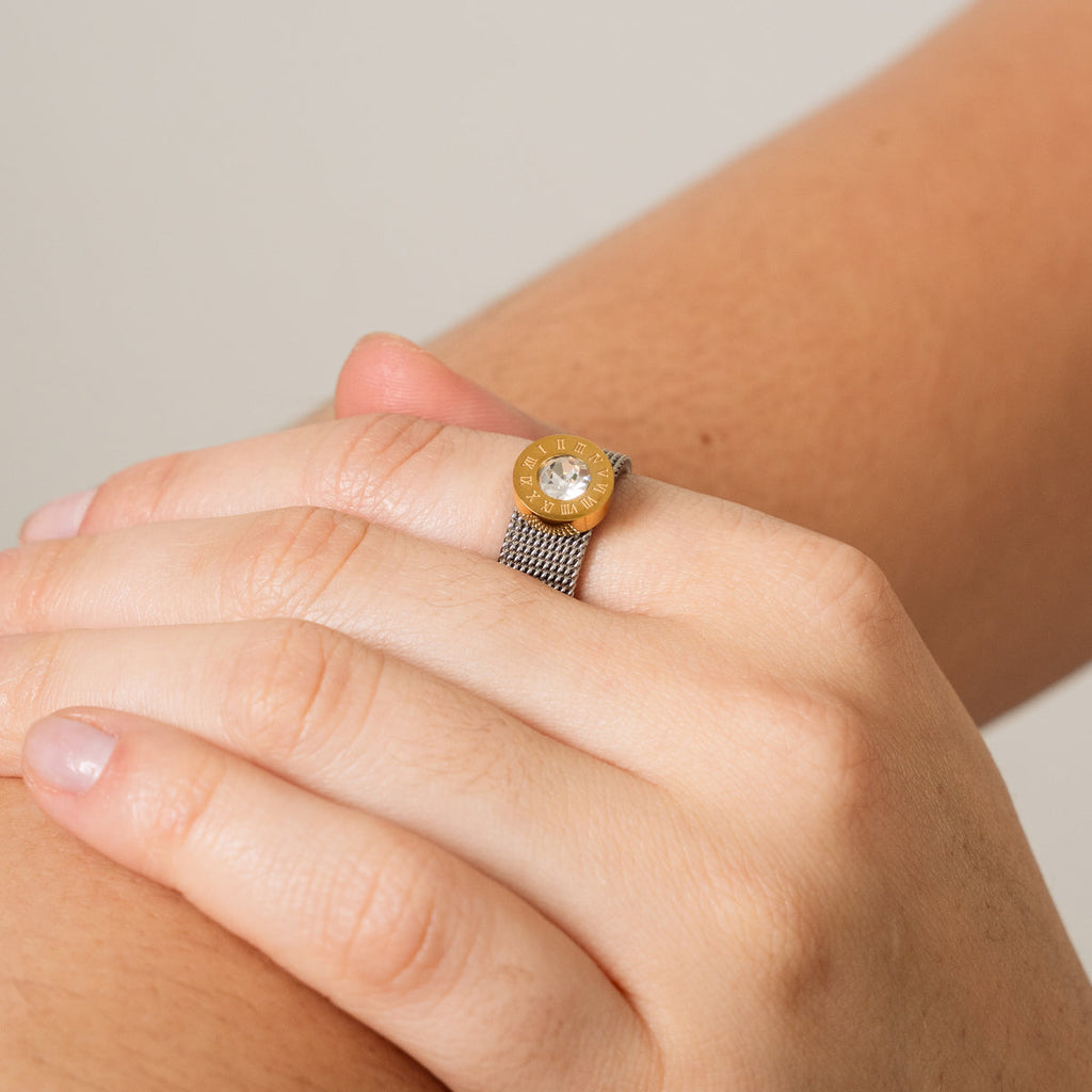 Mesh Strap Latin Stone Ring - Silver/Gold