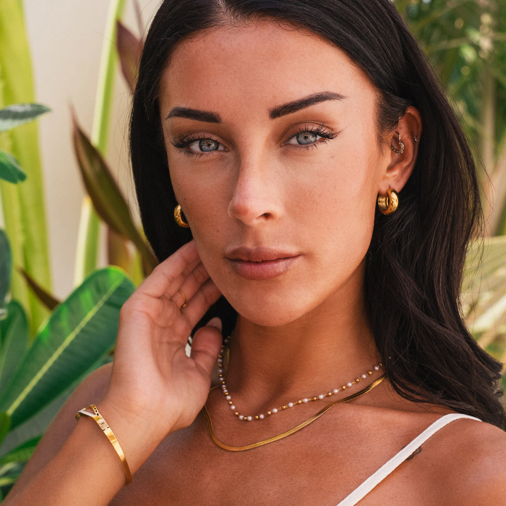 Contrast Pearl Layered Snake Chain Necklace - Gold