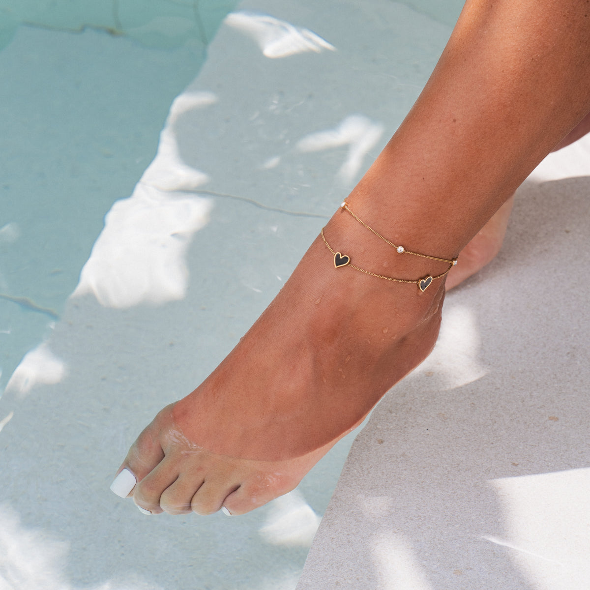 Stone Heart Double Chain Anklet - Gold