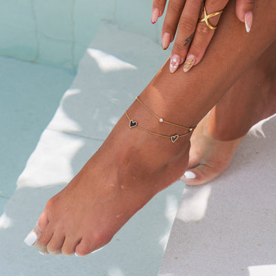 Stone Heart Double Chain Anklet - Gold