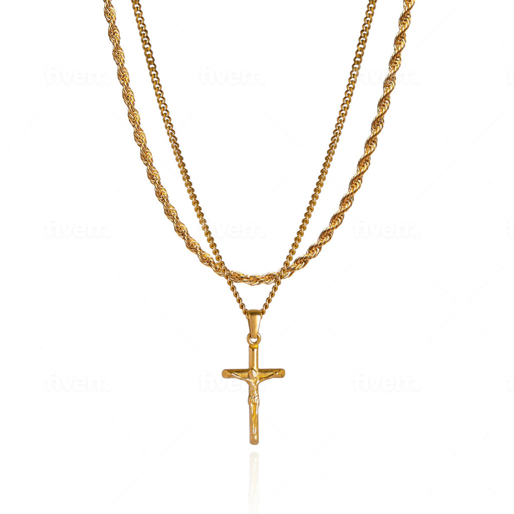 Cross Pendant Necklace X Rope Chain Full Set - Gold