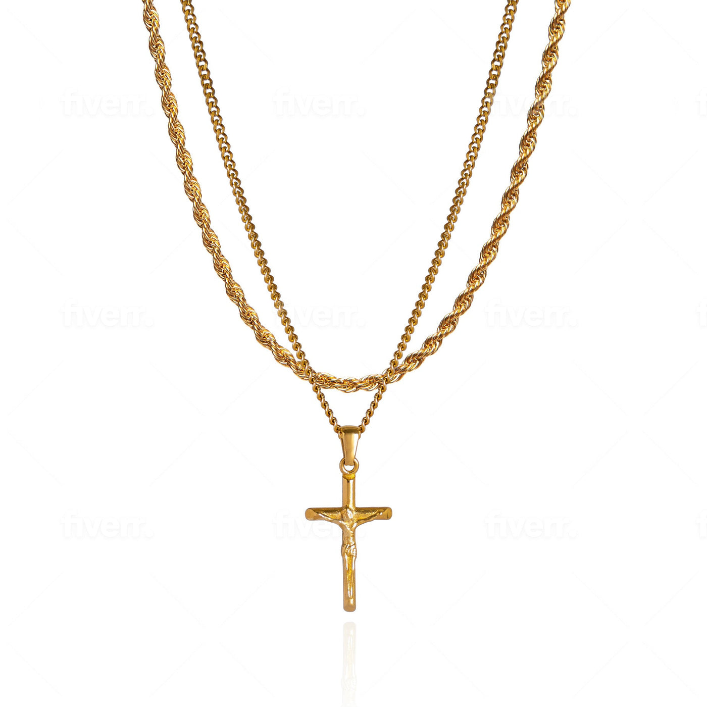 Cross Pendant Necklace X Rope Chain Full Set - Gold